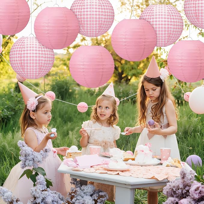 Honoson 12 Pcs Pink Gingham Paper Lanterns Decoration10 Inch White and Pink - Image 7