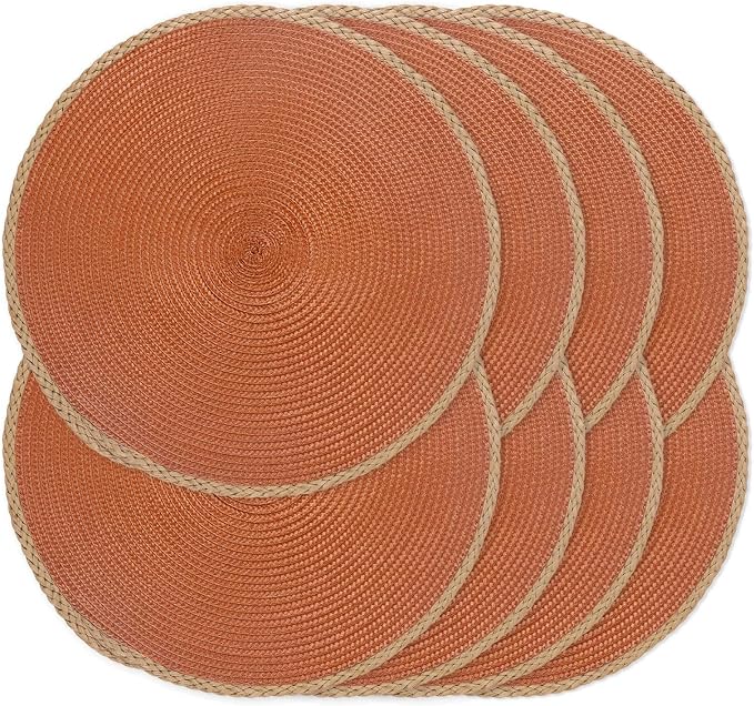Round Placemats Set of 8, Woven Table Mats, Thin Edge, Dark Orange | Braided by Noctiflorous