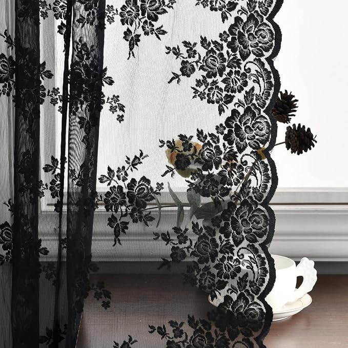 Kotile Black Lace Curtains for Bedroom Gothic Floral 52 x 63 Inch 2 Panels | - Image 4
