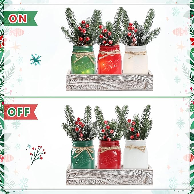 Christmas Mason Jars, Christmas Centerpiece Table Settings, Wood Tray with 3 Painted Jars, Dining Coffee Table Centerpiece, For Kitchen, Living Room, Colorful Mason Jar Decor with Flowers