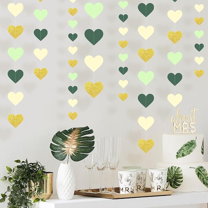 5PCS Sage Green Heart Garland, 72ft Sage Green Gold Heart Ceiling Decorations - Image 4