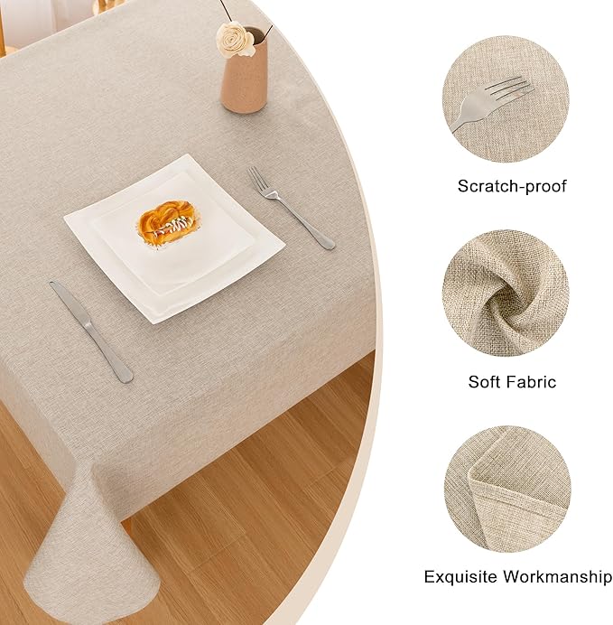 Hiasan Faux Linen Rectangle Tablecloth - Wrinkle and Stain Resistant Washable Table Cloth for Kitchen Dining Room Holiday Table Cover for Dinner, Beige, 60 x 140 Inch