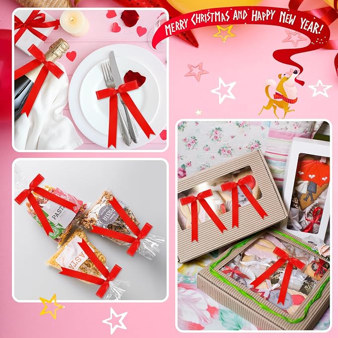 Riceshoot Red 24 Pcs Satin Ribbon Bows 5x7'' Self Adhesive Stick on Premade - Image 6