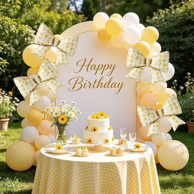 4 PCS Daisy Bow Balloons, Large Yellow Gingham Coquette Foil Balloon Set | - Image 4