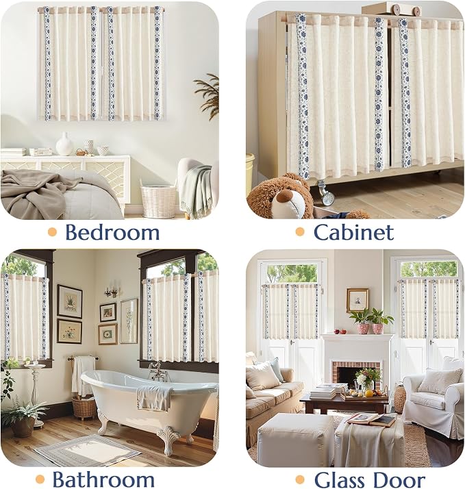 jinchan Blue Floral Embroidered Short Linen Curtains 54×54 Inches 2 Panels | - Image 9