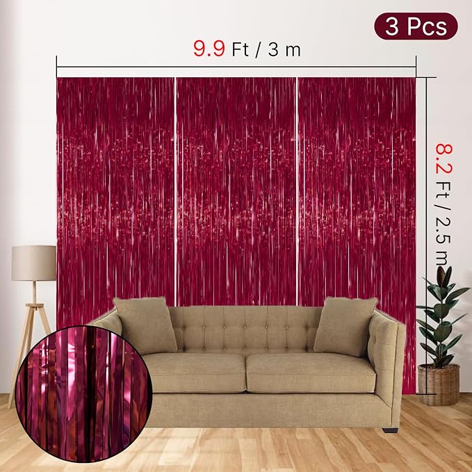 PartyWoo Burgundy Red Tinsel Streamers Fringe Curtain Backdrop 3pcs 8.2FT | - Image 4