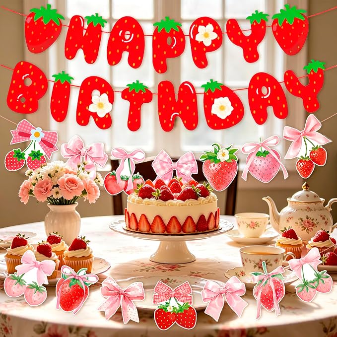 MEETINGU Strawberry Cake Happy Birthday Banner and Bow Strawberry Banner - Image 3