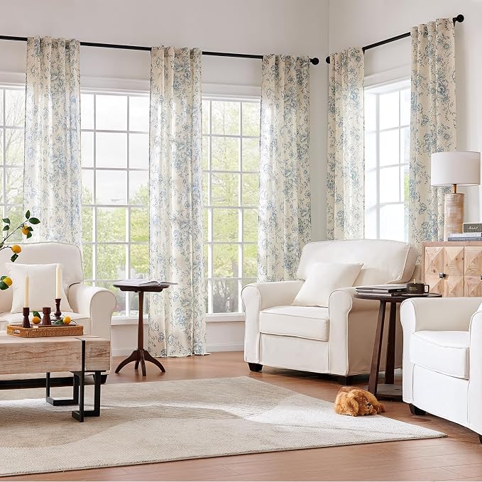 jinchan Blue Floral Linen Curtains 84 Inch Farmhouse Back Tab 2 Panels | Light - Image 2