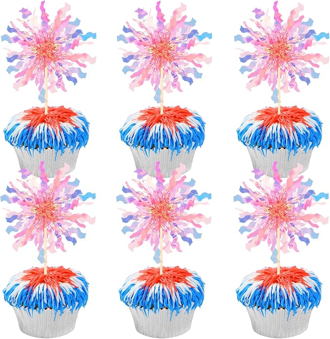 30 PCS Foil Firework Cupcake Toppers Sparkle Tinsel Cupcake Picks Happy by ZHUOWEISM