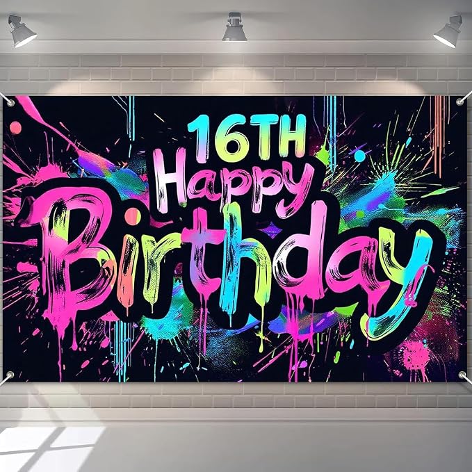 HOMETITUTE Happy 16th Birthday Decoration Banner 71x43 Inch | 16th Birthday by HOMETITUTE