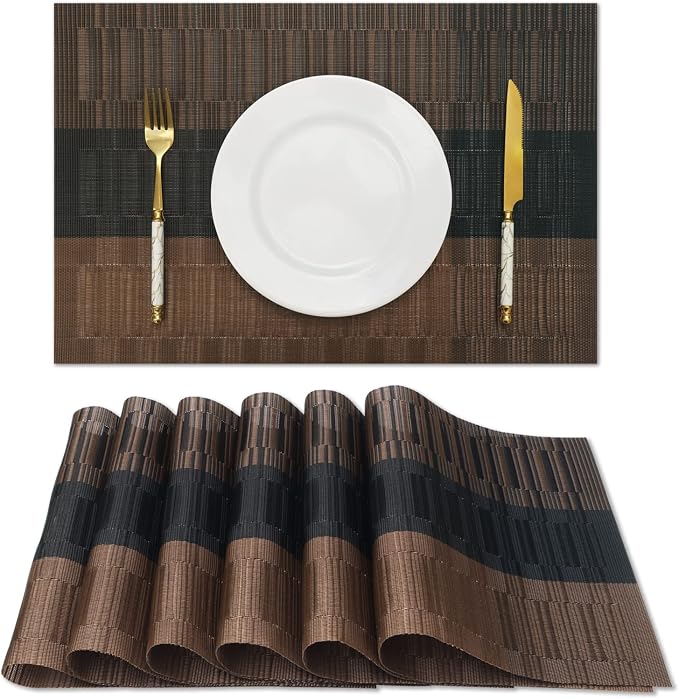 HeloHo Brown Black Placemats Set of 6 Washable Placemats Vinyl Woven Table Mats by HeloHo
