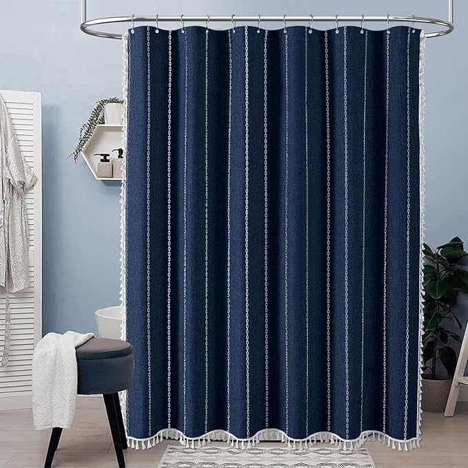 White Boho Farmhouse Linen Heavy Duty Cloth Shower Curtain Set, 72x72 | 330GSM - Image 2