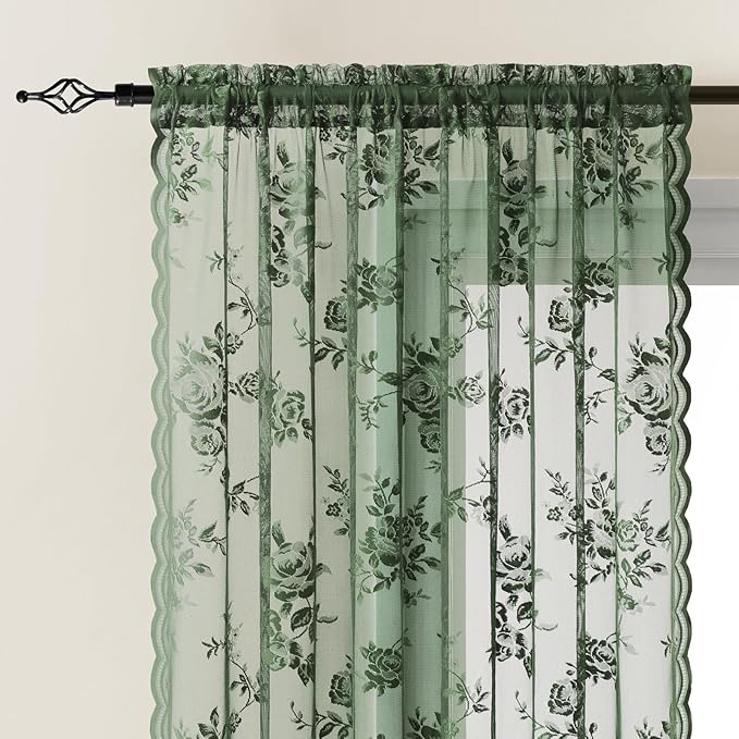 Dark Green Lace Curtains 80 Inches Long Victorian Floral Sheer Curtains - Image 3