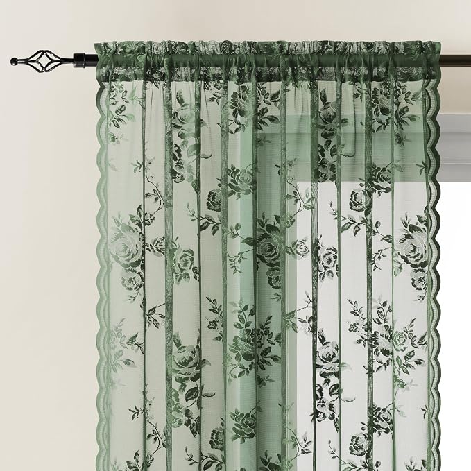 Dark Green Lace Curtains 96 Inches Long 2 Panels Sheer Floral Curtains - Image 3
