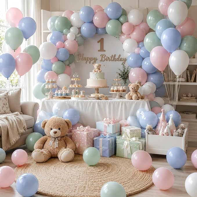 Pastel Blue Green Pink White Balloons, Muted Rainbow Dusty Pink Blue Sage Green - Image 5