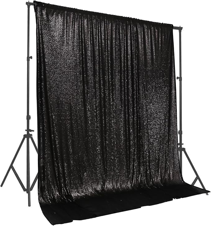 PartyDelight Black Sequin Backdrop 10x10ft Sparkly Photo Curtain | 4 Inch Rod by PartyDelight