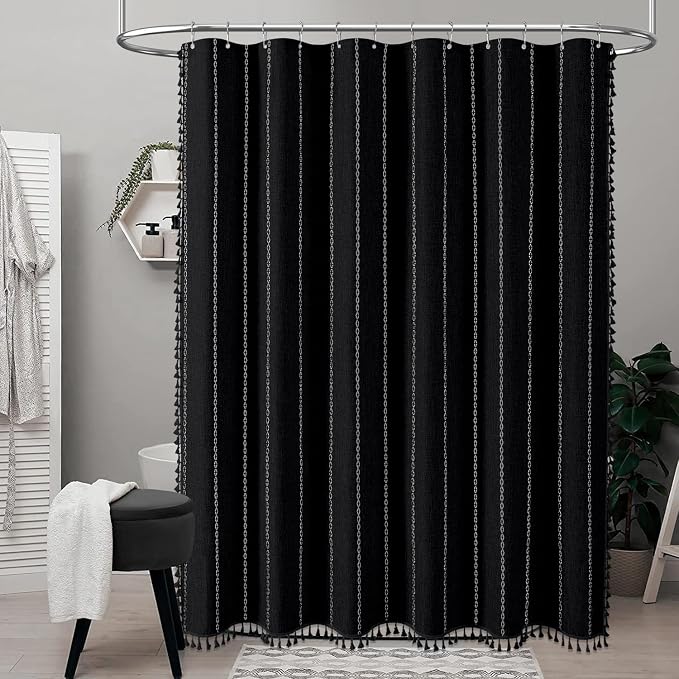 Black and White Boho Linen Heavy Duty Cloth Shower Curtain Set, 72x72 | 330GSM - Image 2