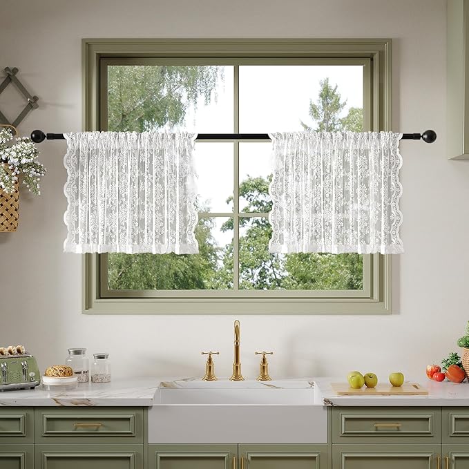 Anmao Vintage Lace Valance Kitchen Curtains 18 Inches Long 2 Panels, Semi Sheer by Anmao