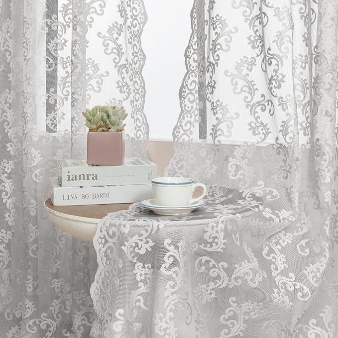 FOLKSIDE Grey Lace Curtains 63 Inch Length 2 Panels Paisley Pattern Rod Pocket - Image 4