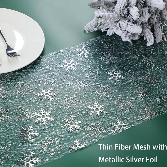 Snowkingdom Christmas Snowflake Silver Table Runner 11 Inch x 49 Feet Sparkly - Image 3