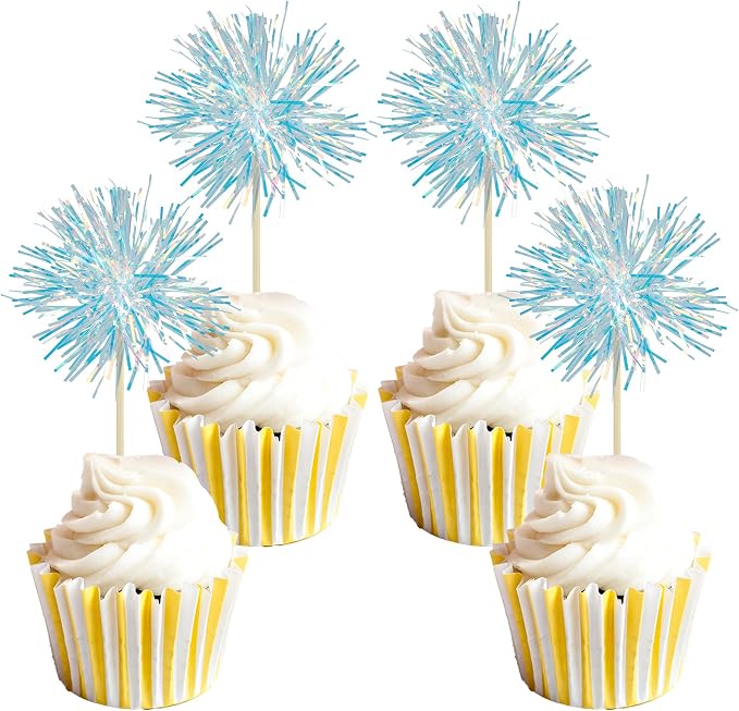Gyufise 30Pcs Foil Firework Cupcake Toppers Sparkle Tinsel Cake Toppers Tinsel by Gyufise