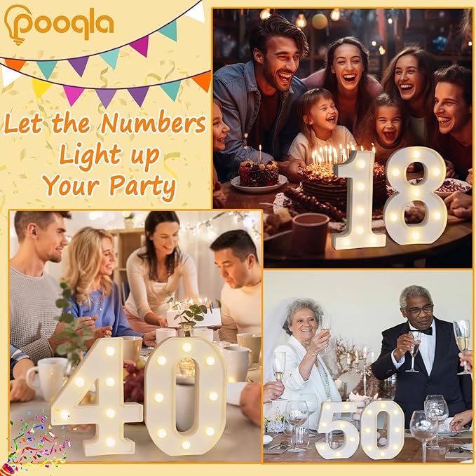 Pooqla Decorative Led Light Up Number Letters, White Plastic Marquee Number Lights Sign 16th Birthday Decorations for Girls Boys Party Wedding Decor Battery Operated Number (16)