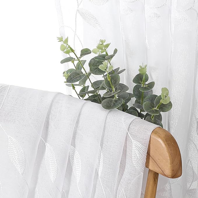 Tollpiz White Leaf Sheer Curtains Bedroom 54 x 84 Inches | Leaves Embroidered - Image 6