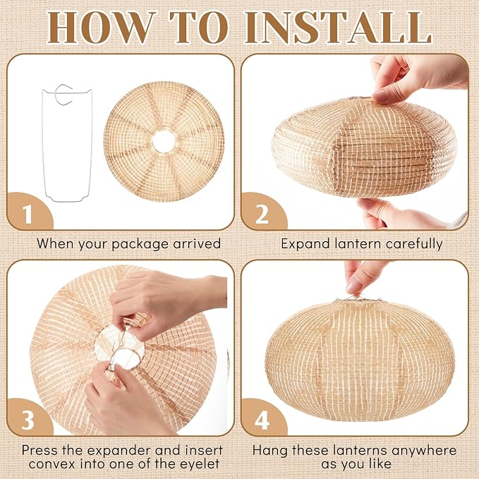 Hortsun 6 Pcs Print Burlap Oval Paper Lanterns Boho Chinese Paper Lanterns - Image 3