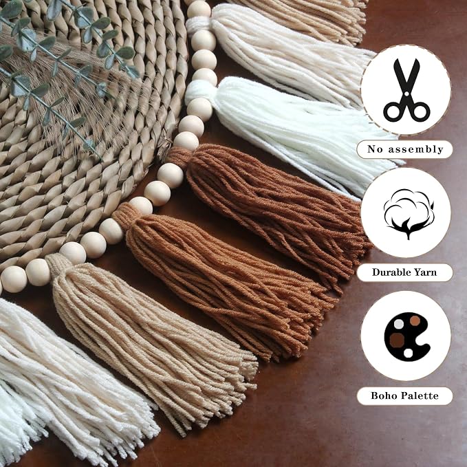 Brown Boho Yarn Wood Bead Tassel Garland Decor Terracotta Rainbow Western - Image 6