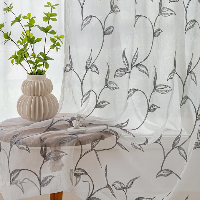 Sheer Curtains Boho Leaf Floral Embroidered Grey 54Wx84L | Light Filtering Semi - Image 7