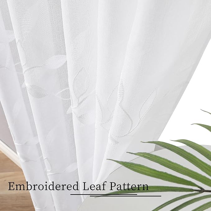 Tollpiz White Leaf Sheer Curtains Leaves Embroidered Living Room Short Curtain - Image 3