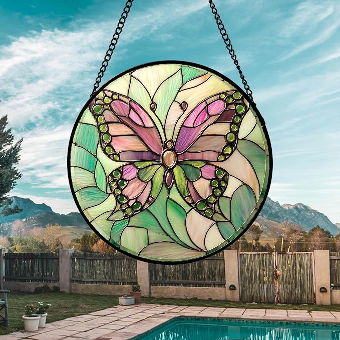 DASTOLL Stained Glass Window Hanging 4 Pcs Set Pink Green Insect Theme 7.8" - Image 3