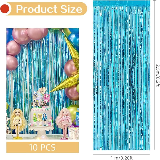 10 Pack Teal Blue Backdrop Curtain 3.2ft x 8.2ft Metallic Tinsel Foil Fringe - Image 3