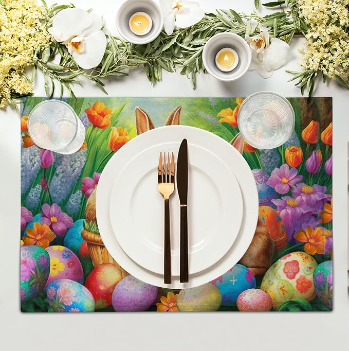 Easter Rabbits Eggs Placemats Set of 4 Easter Bunny Tulip Flowers Table Place - Image 3