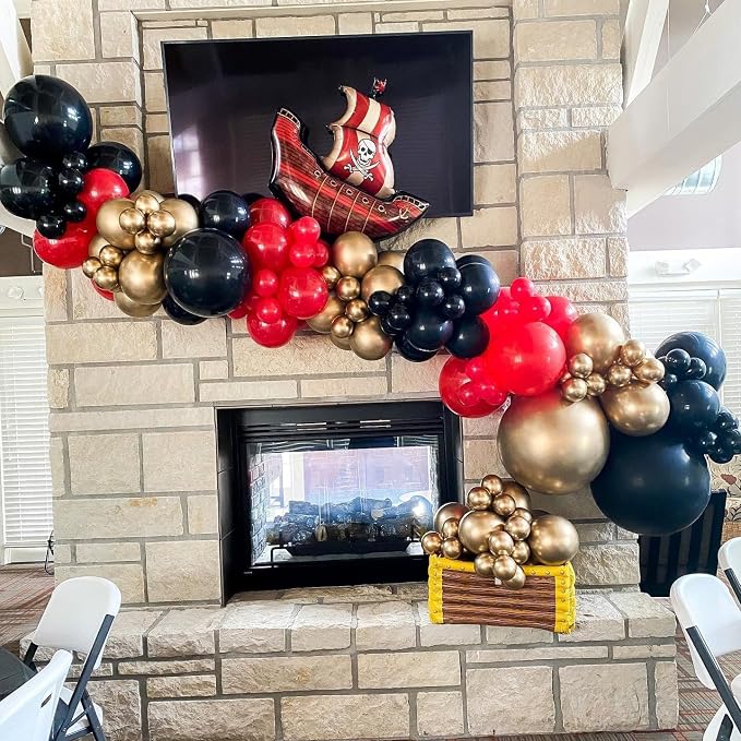 142Pcs Pirate Birthday Party Decorations Balloon Garland Arch Kit | Red Black - Image 9