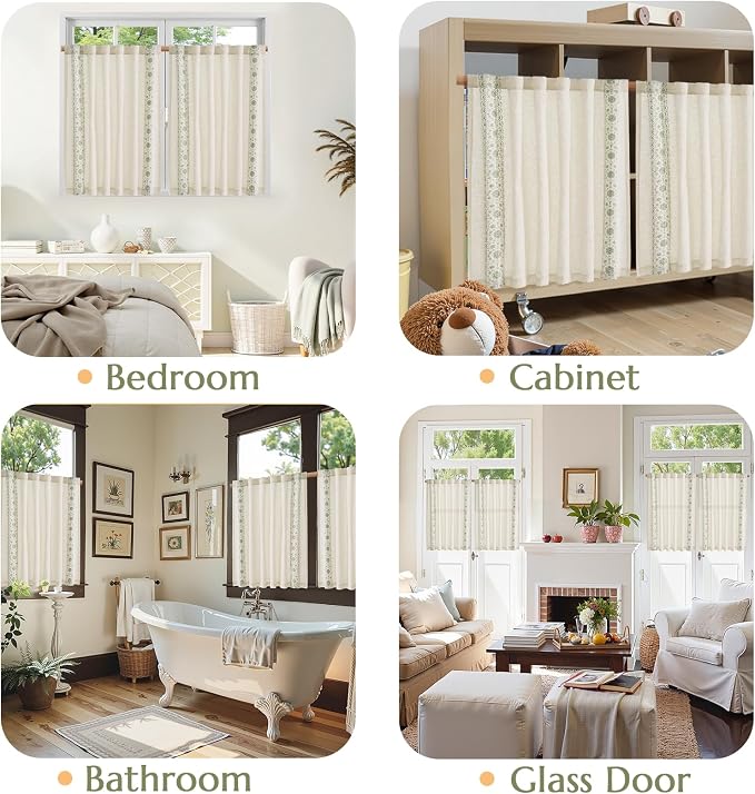 jinchan Green Floral Embroidered Linen Kitchen Curtains 54×45 Inch 2 Panels | - Image 9