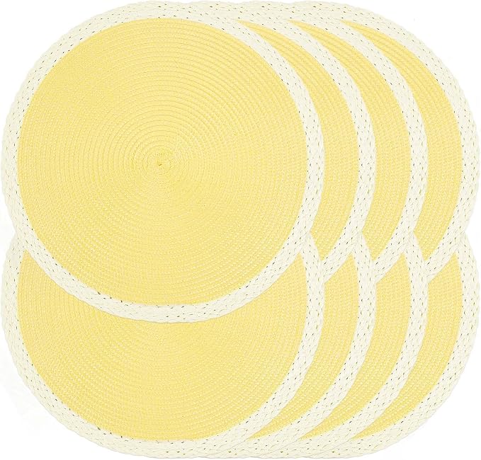 Round Placemats Set of 8, Woven Table Mats, Mint Yellow | Braided Paper Edge by Noctiflorous