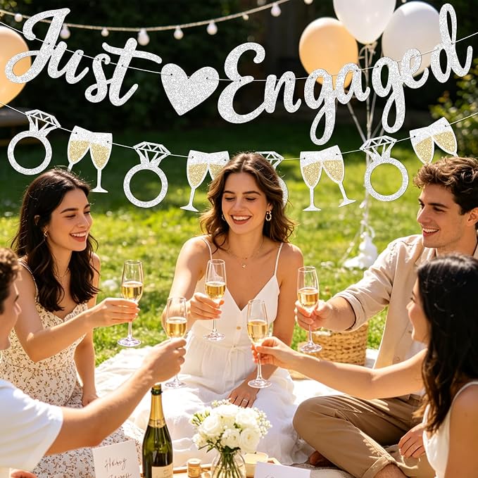 Silver Just Engaged Banner Prestrung Engagement Party Decorations Happy - Image 7