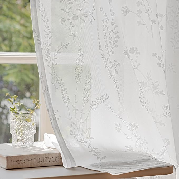 Anmao White Semi Sheer Light Filtering Extra Long Curtains 2 Panels, Flower by Anmao