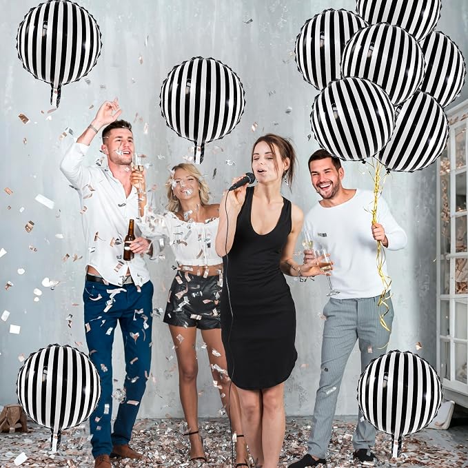 Black and White Striped Balloons, 12 Pack 18 Inch Round Foil Balloons | - Image 6
