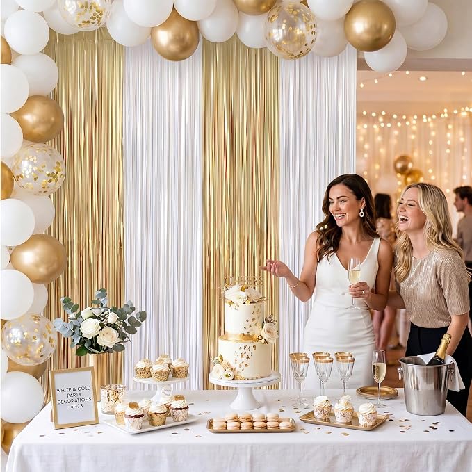 Frienda 4pcs White and Gold Party Decorations 6.6ft Fringe Curtains Decorations - Image 4