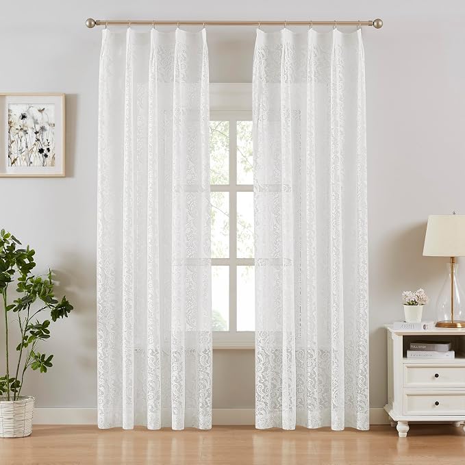 Bujasso White Lace Pinch Pleat Curtains 84 inch, Vintage Floral Sheer Drapes - Image 5