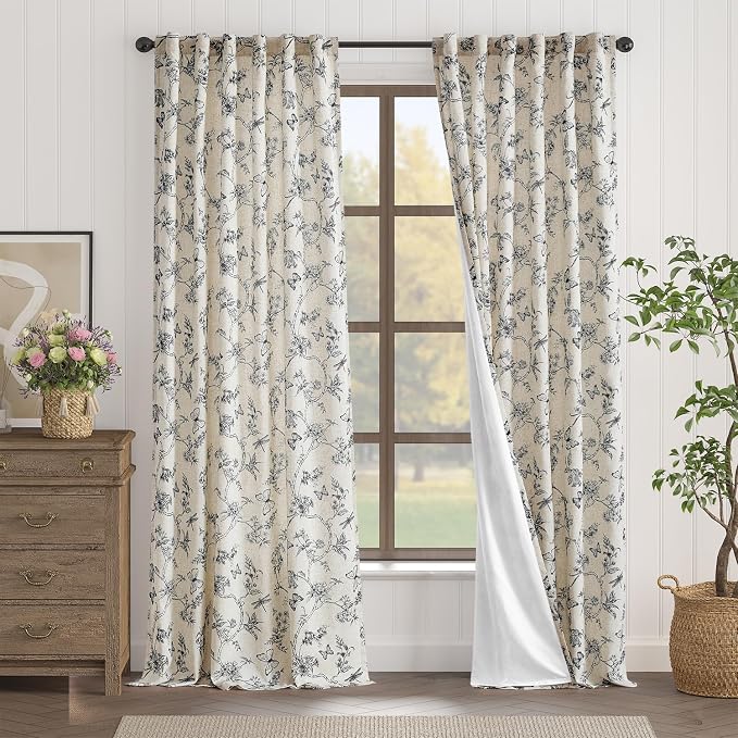 Black Floral Linen Lined Curtains Rod Pocket 50W X 96L 2 Panels | Charlotte - Image 2