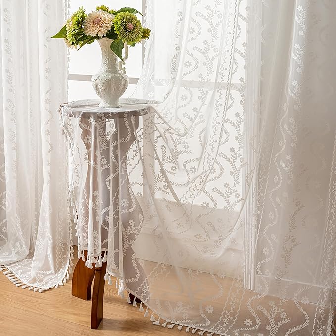 WAZZIO Boho Lace Curtains 2 Panels 72 Inches -Cute Vintage Victorian Sheer - Image 5