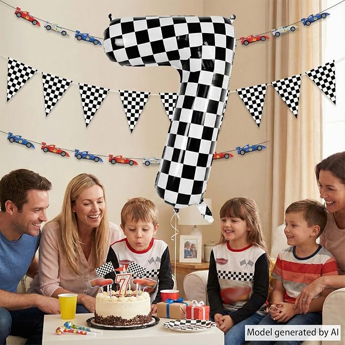 40 Inch Checkered Number 7 Balloon, Large Foil Black and White Number Balloons - Image 2