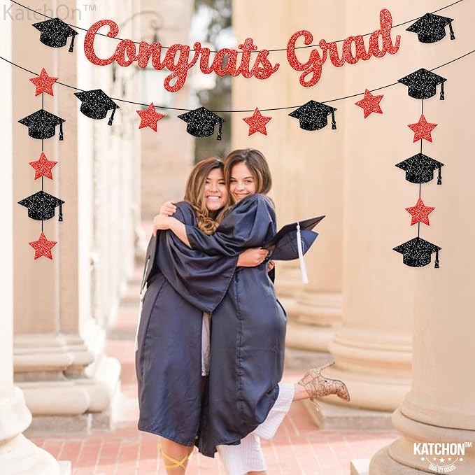 KatchOn Graduation Decorations 2026 | Glitter Congrats Grad Banner Red and Black - Image 3