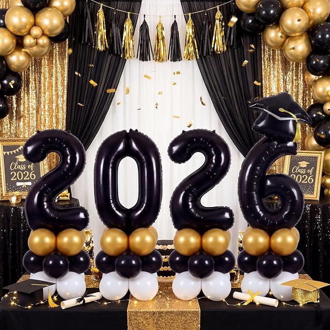 4 Sets 5 ft Graduation 2026 Balloons Column Stand Kit Jumbo Black 2026 Grad Cap - Image 4