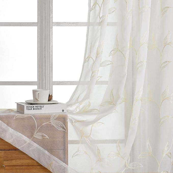 VISIONTEX Sheer Curtains 63 inch Length 2 Panels Set, White Voile Crushed Cream Vine Leaves Embroidery, Rod Pocket Embroidered Window Drapes for Living Room and Bedroom, 54" x 63"