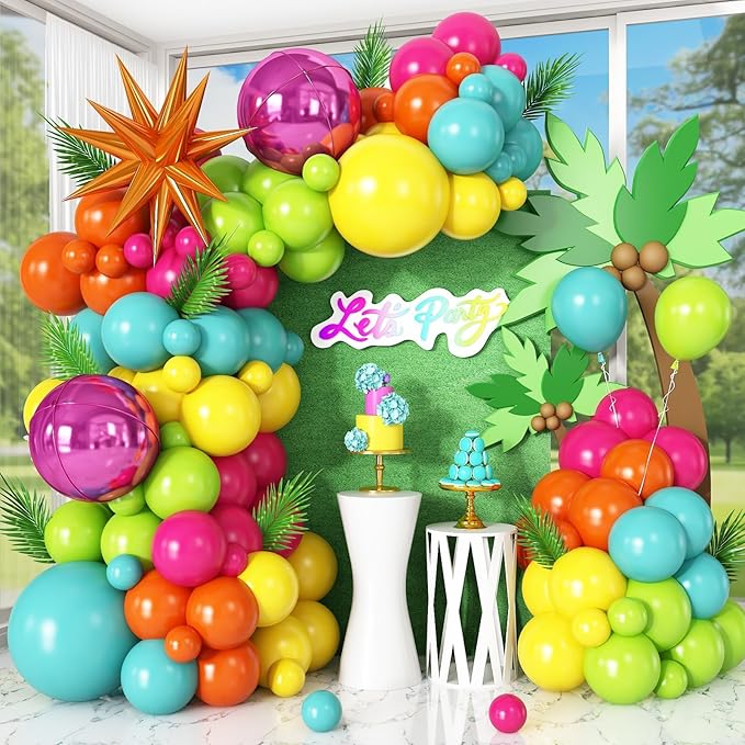 Tropical Balloon Arch Kit, Hot Pink Orange Yellow Green Teal Blue Tropical by Cledeco