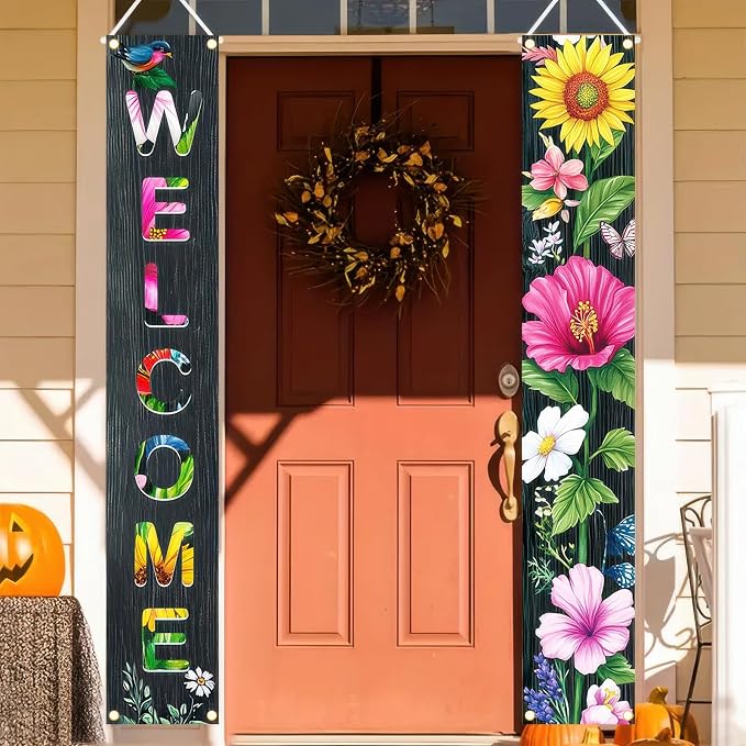 BlissYard 2 Pcs Welcome Floral Porch Banners Spring Summer Bird Butterfly - Image 3